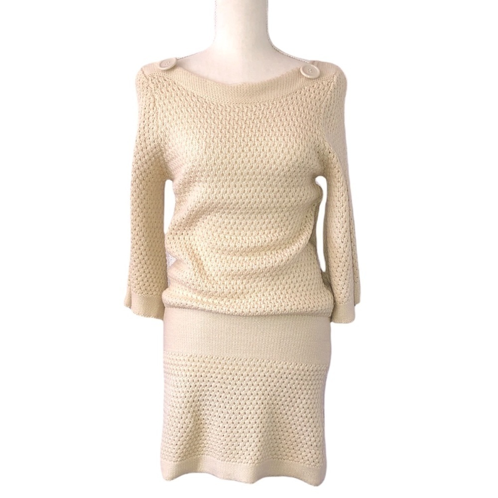 ADMIT ONE Dress Women's Size Medium Beige Mini Knit Sweater Dropped Waist Boho